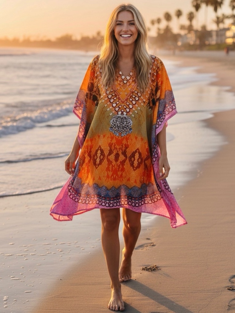 Boho Animal Print Multicolored Flowy Lightweight Kaftan Beach Coverup One Size
